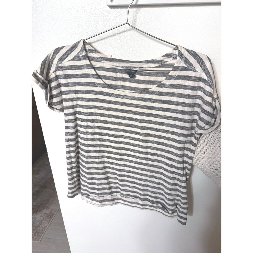 Eddie Bauer Womens Small Striped Short Sleeve Scoop Neck Tee Grey Cream Cuffed